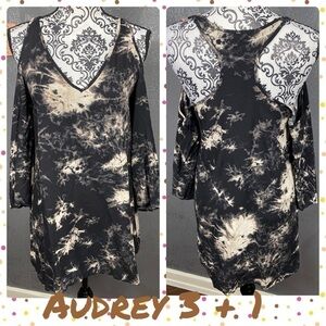 Tan black tie dyed cold shoulder tunic dress